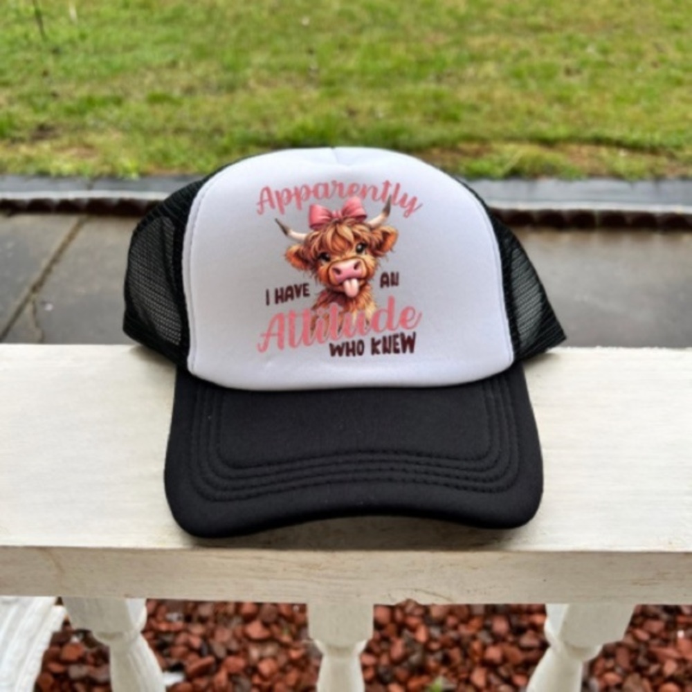 Funny Cow Trucker Hat  “Apparently I Have an Attitude” Graphic Mesh Cap Cute Hat